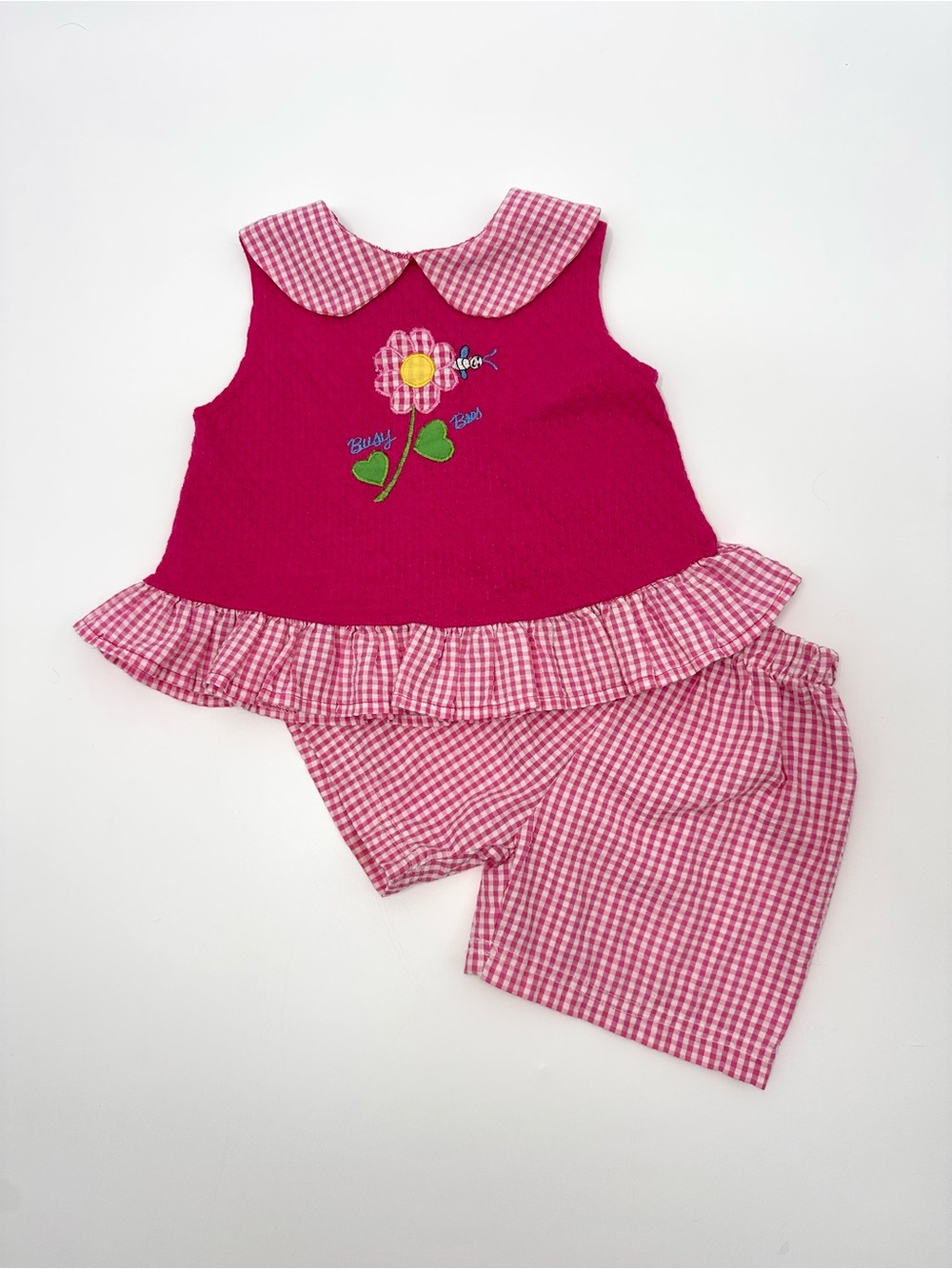 VTG Pink Gingham Floral Appliqué Ruffle Set Size 18 Months